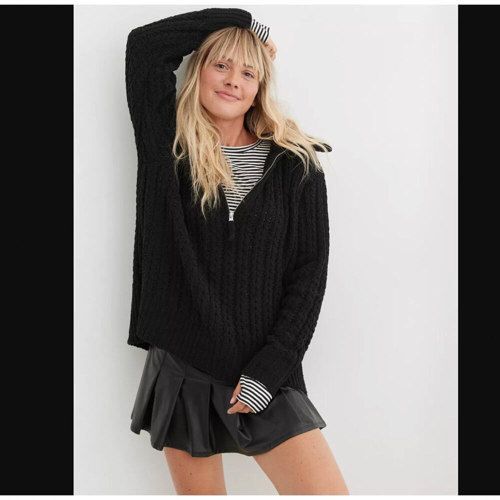 NWT Aerie Cable Car Quarter Zip Sweater Black Chenille size S